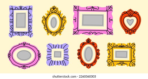 Set of various decorative Frames or borders. Different shapes. Photo or mirror frames. Vintage, retro design. Elegant, modern style. Hand drawn trendy Vector illustration. All elements are isolated