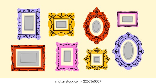 Set of various decorative Frames or borders. Different shapes. Photo or mirror frames. Vintage, retro design. Elegant, modern style. Hand drawn trendy Vector illustration. All elements are isolated