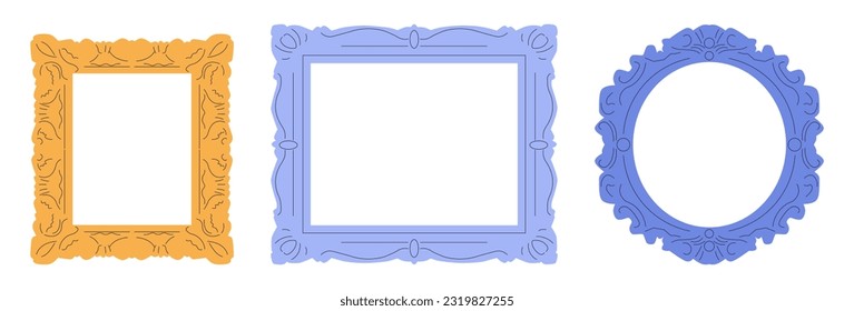 Set of various decorative Frames or Borders. Different shapes. Photo or mirror frames. Vintage design. Elegant, modern flat style. Hand drawn trendy Vector illustration. All elements are isolated