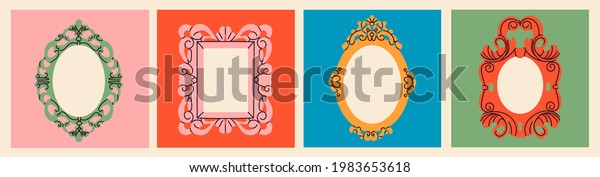 Set of various decorative Frames or borders.\
Different shapes. Photo or mirror frames. Vintage, retro design.\
Elegant, modern style. Hand drawn trendy Vector illustration. All\
elements are isolated