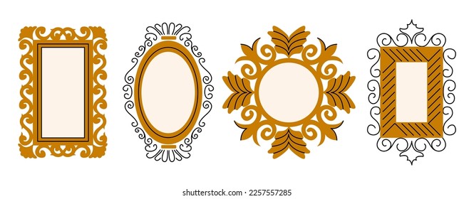 Set of various decorative golden Frames or borders. Different shapes. Photo or mirror frames. Vintage, retro design. Elegant, modern style. Hand drawn trendy Vector illustration isolated on background