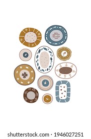 Set of various decorative plates. Kitchen decoration. Cooking concept. Vector hand drawn illustration.