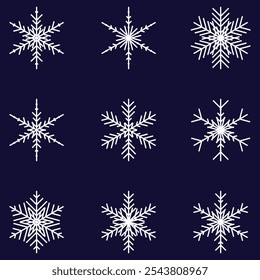 Un conjunto de varios copos de nieve decorativos. Elementos gráficos para la decoración, diseño de la tela, postales, carteles