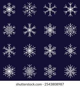 Um conjunto de vários flocos de neve decorativos. Elementos gráficos para decoração, design de tecido, cartões postais, cartazes