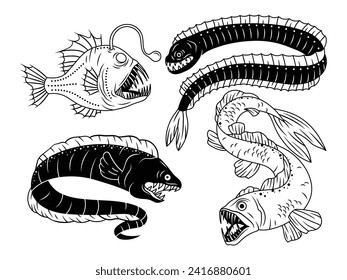 Set of various deep sea fish. Collection of deep sea fish from a flashlight  anglerfish, viperfish, dragonfish. Ocean monster. Underwater animals. Vector illustration isolated on white background.