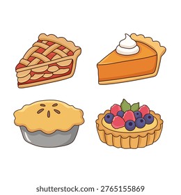 Set of various delicious dessert illustrations including apple lattice pie slice, pumpkin pie with whipped cream, whole pot pie, and fresh berry fruit tart isolated on white background. Vector cafe and bakery menu elements.