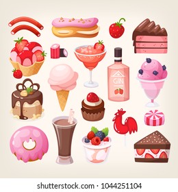 Variedad de postres deliciosos con sabor a fruta, chocolate y fresa. Comidas dulces de panadería, pastelería y cafeterías. Ilustraciones vectoriales aisladas