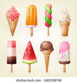 Set of various delicious ice cream including lolly ice, cones with different topping and fruit ice. Vector illustration of healthy food for takeout, bar or restaurant menu. Cartoon style icon.