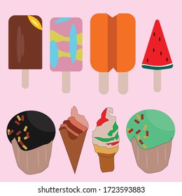 Conjunto de varios deliciosos helados incluyendo helado de langosta, conos con diferentes capas y hielo de fruta. Imagen vectorial de comida saludable para llevar, bar o menú de restaurante. Caricatura