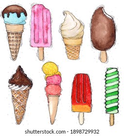Set of various delicious ice cream including lolly ice, cones with different topping and fruit ice. Vector illustration of healthy food for takeout, bar or restaurant menu. Cartoon style icon.