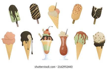 Variedad de helados deliciosos. Ilustración vectorial de comida saludable para comida para llevar, bar o menú de restaurante. Icono de estilo de caricatura. Vibra de verano