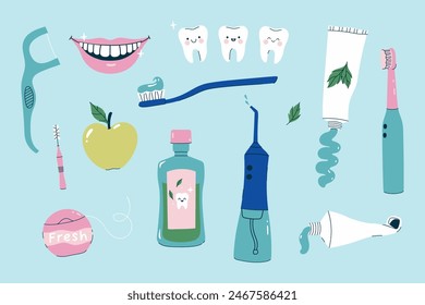 Set of various dental care items. Vector graphics.