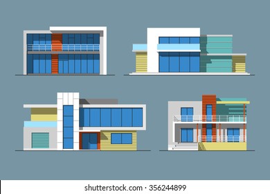 Set of various design color vector flat style modern private residential houses isolated on blue background. Detailed graphic symbols and elements collection
