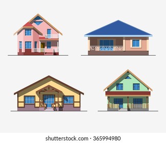 Set of various design color vector flat style private residential houses isolated on white background. Detailed graphic symbols and elements collection