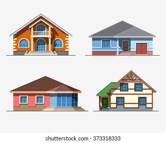 Set of various design color vector flat style private residential houses isolated on white background. Detailed graphic symbols and elements collection