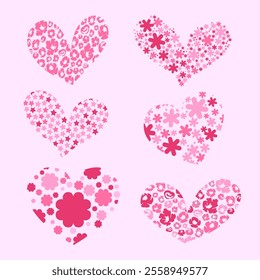 Set of various design elements with hearts for Valentine's Day. Vector illustration on pink background
