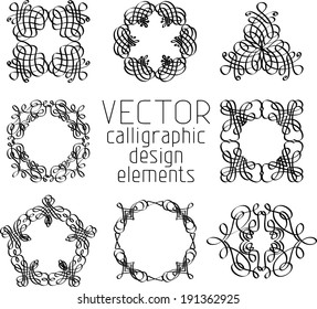 Set of various design elements and page decorations. Eight vintage black calligraphic flourishes isolated on white background.