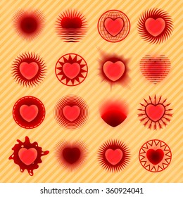 Set of various design hearts vector symbols, icons and emblems isolated on yellow background. Festive collection for wedding, Saint Valentine's Day and web decoration