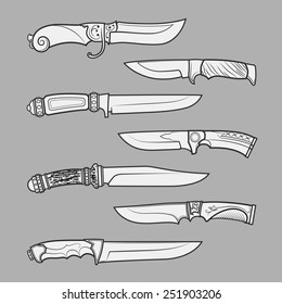 Set of various design hunting, combat and decorative bladed vector knives isolated on grey background. Detailed graphic symbols and elements collection