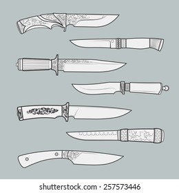 Set of various design hunting, combat and decorative bladed vector knives isolated on blue background. Detailed graphic symbols and elements collection