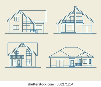 Set of various design vector linear private residential houses isolated on light background. Detailed graphic symbols and elements collection