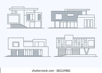 Set of various design vector linear modern private residential houses isolated on light background. Detailed graphic symbols and elements collection