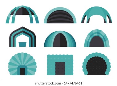 Set of various designs of inflatable tents for various purposes. Inflatable tent for event and for outdoor celebrations. Simple and lovable vector illustrations.
