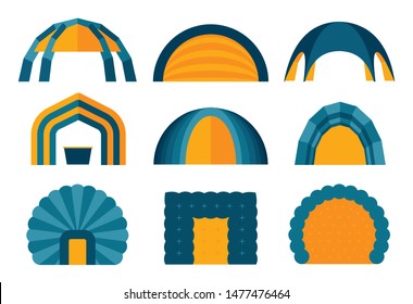 Set of various designs of inflatable tents for various purposes. Inflatable tent for event and for outdoor celebrations. Simple and lovable vector illustrations.
