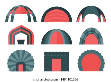 Conjunto de varios diseños de tiendas inflables para diversos fines. Tienda inflable para eventos y celebraciones al aire libre. Ilustraciones vectoriales simples y adorables.