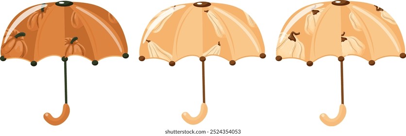 Set mit verschiedenen Designs von Regenschirmen, nämlich mit dem Design von Herbstkürbissen in verschiedenen Formen und Farben, Vektor