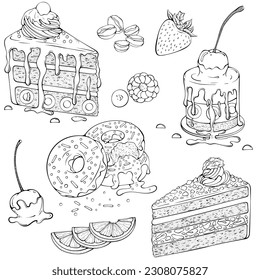 La selección de postres es variada. Un trozo de tarta, pastelería, donuts, merengue con fruta. Ilustraciones vectoriales en forma de dibujo a mano estilo doodle. Postre de arte lineal aislado en blanco. Diseño para colorear libros, imprimir