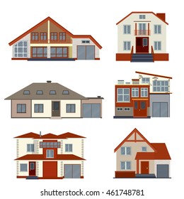 Set of various detailed houses and villas design. Collection of modern real estate vector illustration. Residential buildings exterior isolated on white background