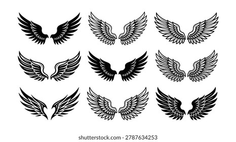 Set of various detailed wings silhouettes for design with wing span silhouette isolated wildlife