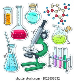 set of various devices for chemical experiments, microscope, flasks, test tubes