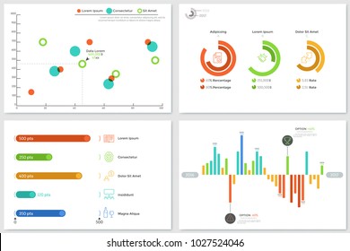 Set of various diagrams - round and bar charts, scatter plot. Concept of financial or statistical data representation and visualization. Infographic design templates. Vector illustration for report.