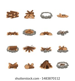 Set of various and different fireplace for campfire and bonfire. Campfire place and fireplace from forest brown firewood, branches and stones. Isolated vector illustration.