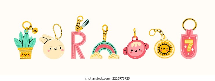 Set of various different Keychains. Keyholders and keyrings collection. Modern keys with pendants. Hand drawn Kawaii Vector illustration. Home rental, property, real estate concept. 