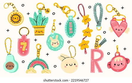 Set of various different Keychains. Keyholders and keyrings collection. Modern keys with pendants. Hand drawn Kawaii Vector illustration. Home rental, property, real estate concept. 