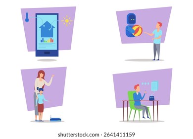 Set of various digital interactions and family time, highlighting modern technology and engaging activities. Families enjoying games, learning, and creative sessions together