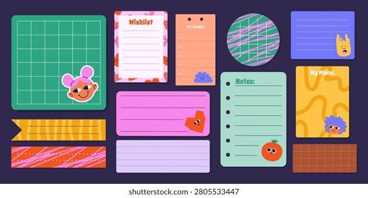 Set of various digital paper notes, stickers, patterned papers, My Plans and Goals lists, Wishlist in funky style. Cute flat sticky elements, reminders for mood boards, planners, and collages. Vector.