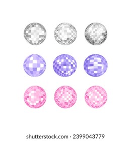 Set of various disco balls. Festival mirror spheres. Vector flat illustration
