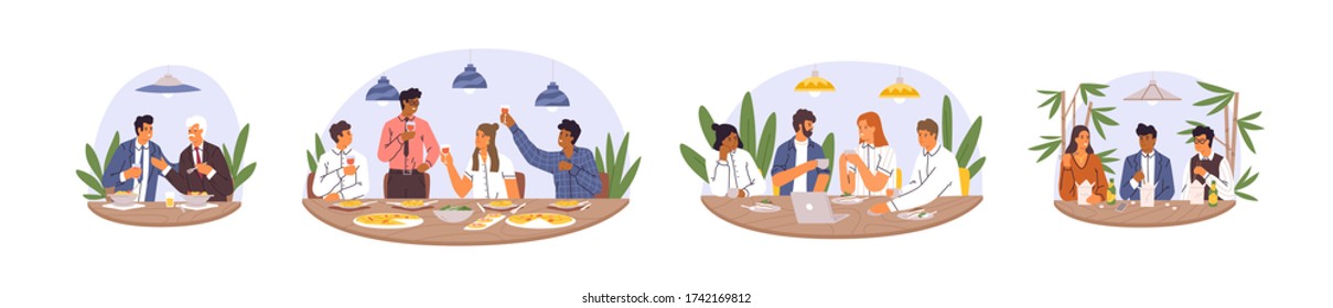 Set of various diverse business team eating together vector flat illustration. Collection of happy colleagues having informal meeting after work, celebrating success and smiling isolated on white