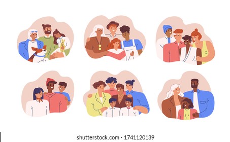 Set of various diverse happy family portrait vector flat illustration. Collection of different multinational parents, children, grandmother and grandfather posing together isolated on white