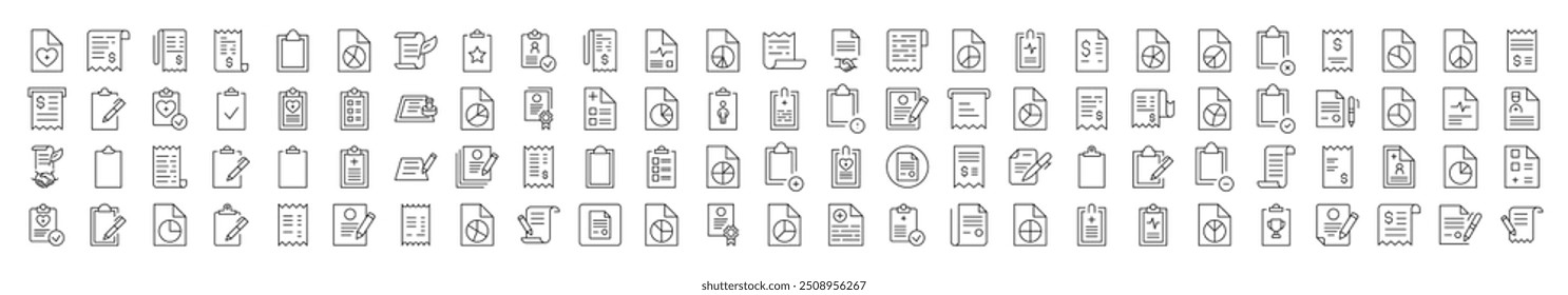 Set of Various Documents and Clipboards Thin Icons. Editable Stroke. Suitable for Web Sites, Books, Cards, Apps