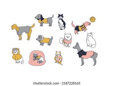 Set Of Various Dogs And Cats Wearing Clothes, Comical Hand-drawn Animals, Vectors, Warm Line Drawings
