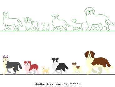 set of various dogs walking in line