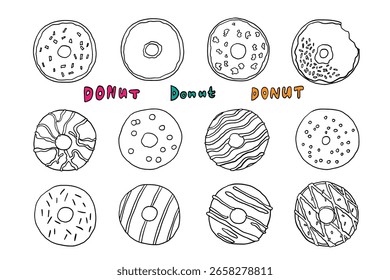 Conjunto de varias donas en estilo doodle. Postre, comida dulce, panadería. Delicioso. Alimentos poco saludables. Ilustración vectorial