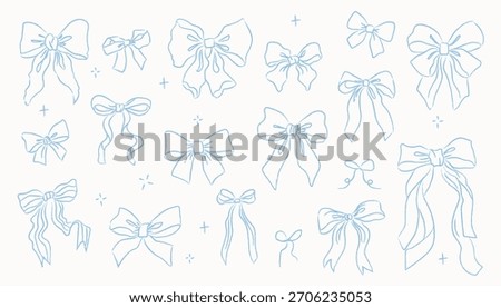 Set of various doodle blue bow knots, gift ribbons. Trendy hair braiding accessory. Hand drawn vector illustration.