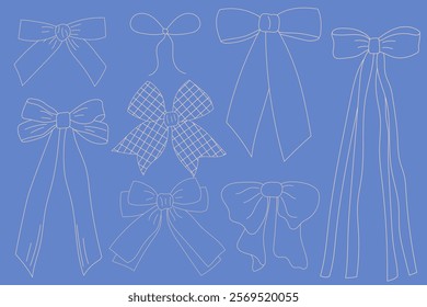 Set of various doodle bow knots, gift ribbons. Trendy hair braiding accessory.  Perfect for decoration, celebrations, weddings, and party designs