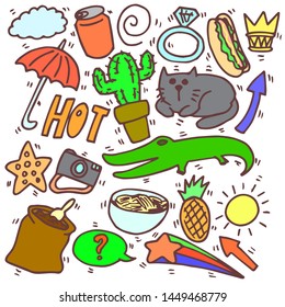 Set of various doodle, cute, cartoon